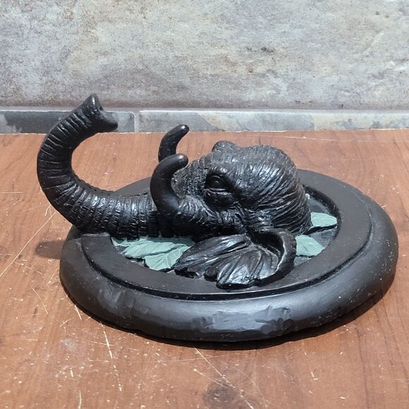 Ceramic Elephant Head Hanging Wall Hook Black Green Leaf Accents - Picture 6 of 10